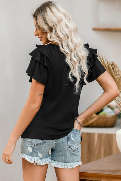 USA Round Neck Flounce Sleeve Top-Teresa&#39;s Fashionista LLC