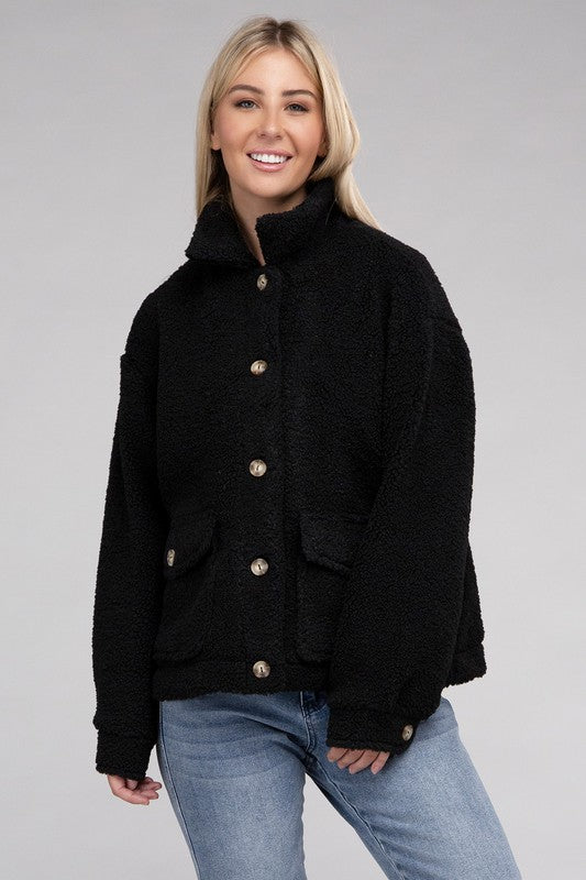 Cozy Sherpa Button-Front Jacket-Teresa&#39;s Fashionista LLC