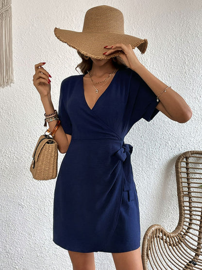 Tied Cuffed Sleeve Surplice Dress-Teresa&#39;s Fashionista LLC