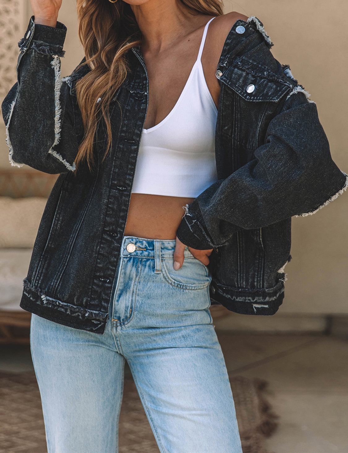 Button Up Raw Hem Distressed Denim Jacket-Teresa&#39;s Fashionista LLC