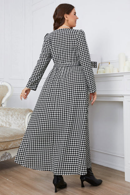 Melo Apparel Plus Size Notched Neck Houndstooth Tie Belt Maxi Dress-Teresa&#39;s Fashionista LLC