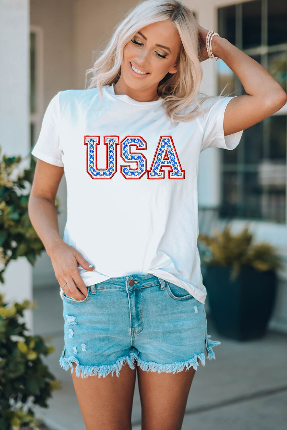 USA Graphic Embroidered Round Neck T-Shirt-Teresa&#39;s Fashionista LLC