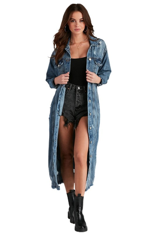 SEXY DENIM LONG JACKET-Teresa&#39;s Fashionista LLC