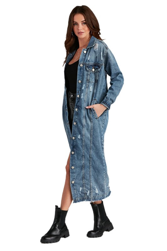 SEXY DENIM LONG JACKET-Teresa&#39;s Fashionista LLC