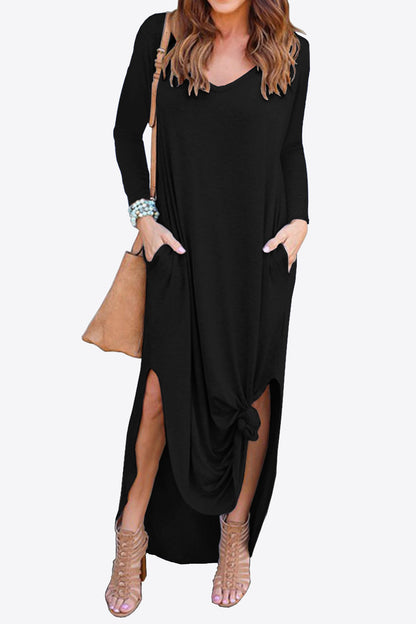 Split Long Sleeve V-Neck Maxi Dress-Teresa&#39;s Fashionista LLC