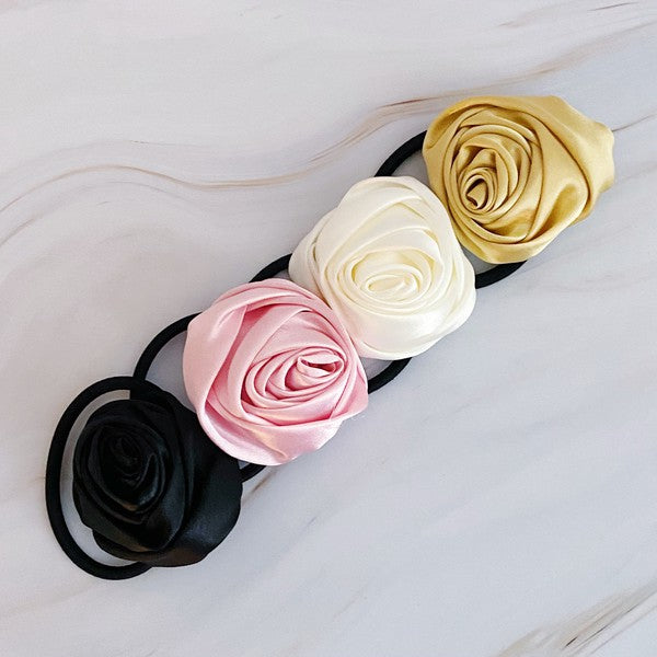 Hand Picked Satin Rose Hair Tie Set of 4-Teresa&#39;s Fashionista LLC