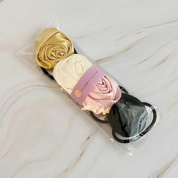 Hand Picked Satin Rose Hair Tie Set of 4-Teresa&#39;s Fashionista LLC