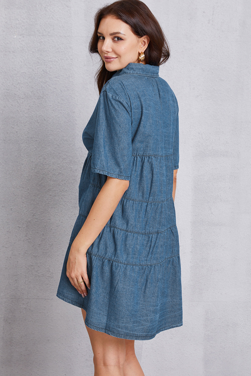 Button Up Collared Neck Tiered Denim Dress-Teresa&#39;s Fashionista LLC