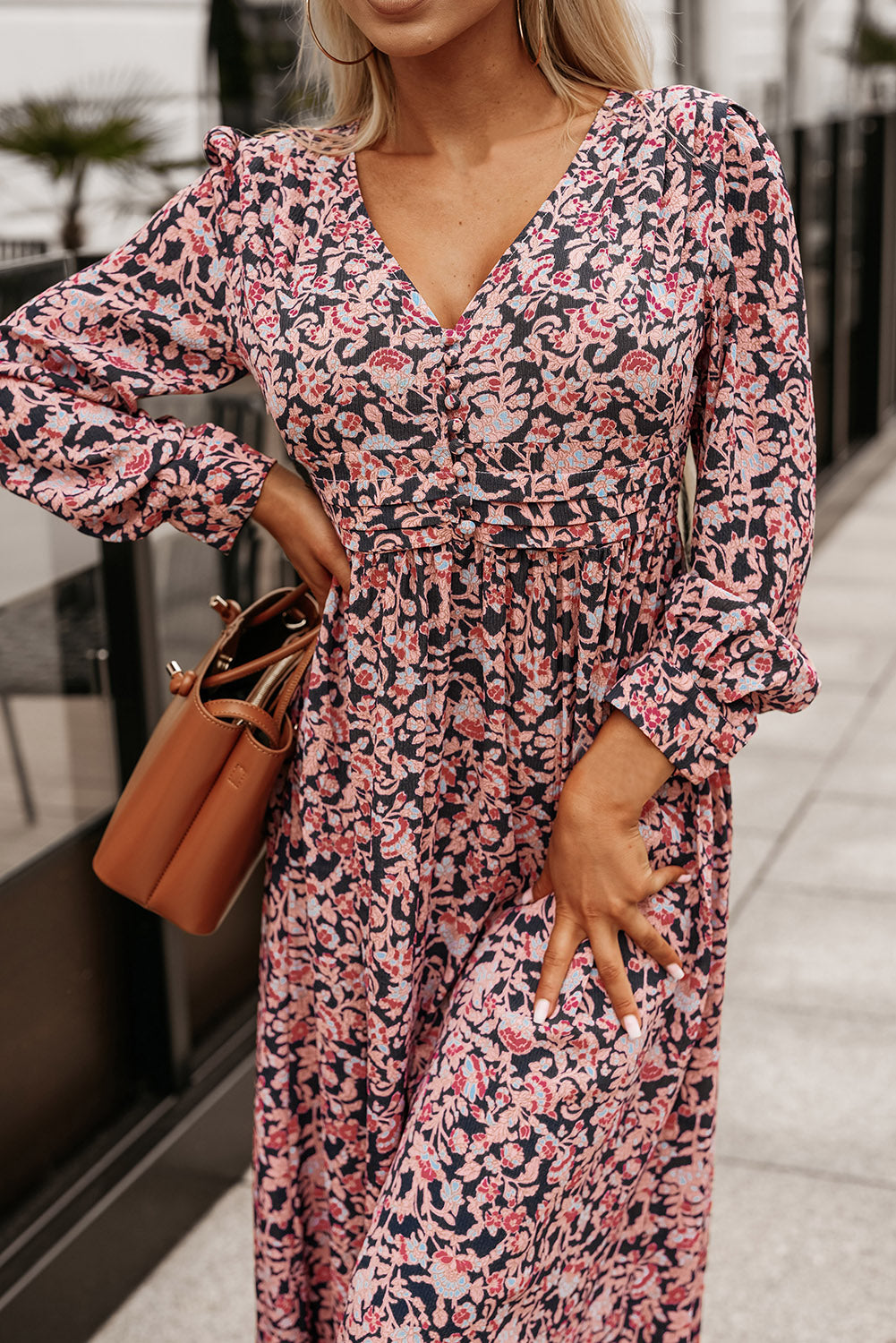 Printed V-Neck Long Sleeve Maxi Dress-Teresa&#39;s Fashionista LLC