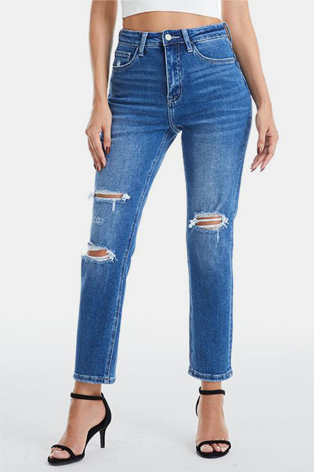 BAYEAS Full Size Distressed High Waist Mom Jeans-Teresa&#39;s Fashionista LLC