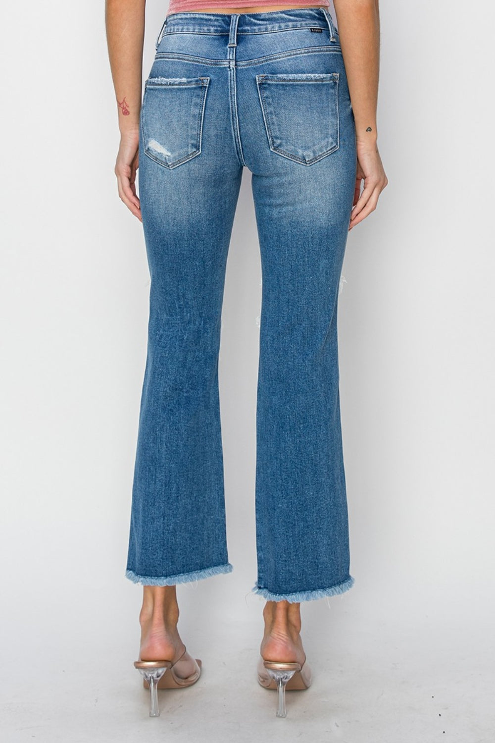 RISEN Mid Rise Distressed Cropped Flare Jeans-Teresa&#39;s Fashionista LLC