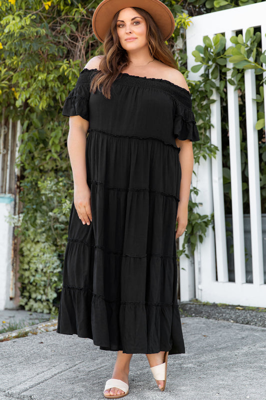 Plus Size Off-Shoulder Ruffle Trim Maxi Dress-Teresa&#39;s Fashionista LLC