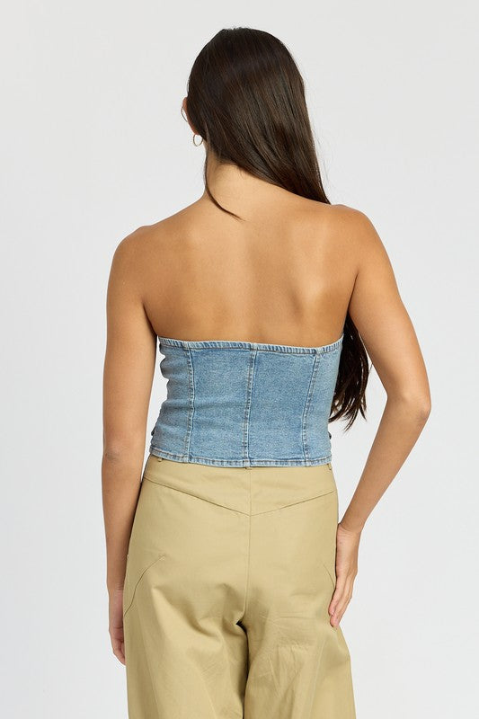 BUTTON FRONT DENIM BUSTIER TOP-Teresa&#39;s Fashionista LLC