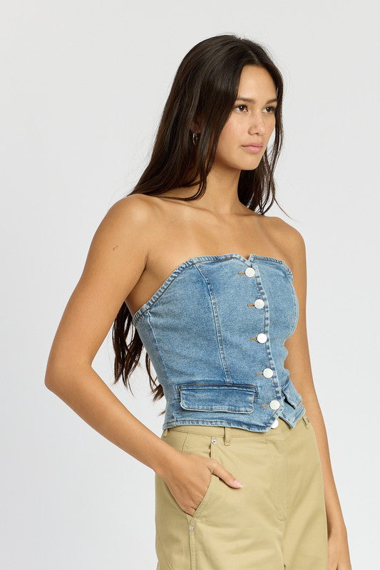 BUTTON FRONT DENIM BUSTIER TOP-Teresa&#39;s Fashionista LLC