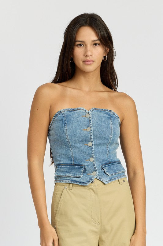 BUTTON FRONT DENIM BUSTIER TOP-Teresa&#39;s Fashionista LLC