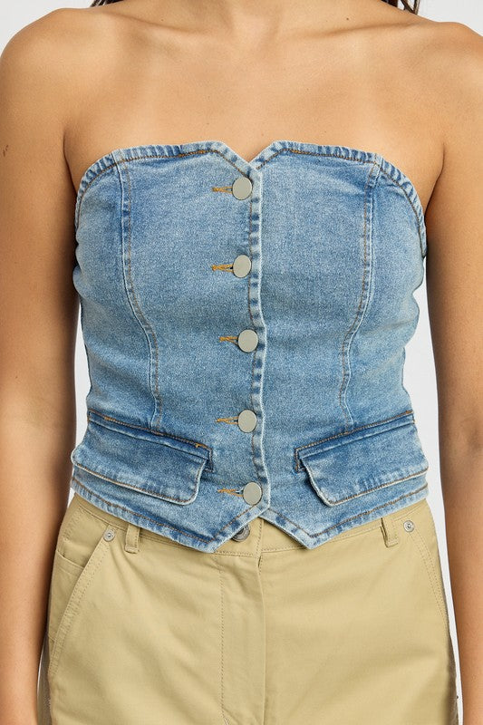 BUTTON FRONT DENIM BUSTIER TOP-Teresa&#39;s Fashionista LLC