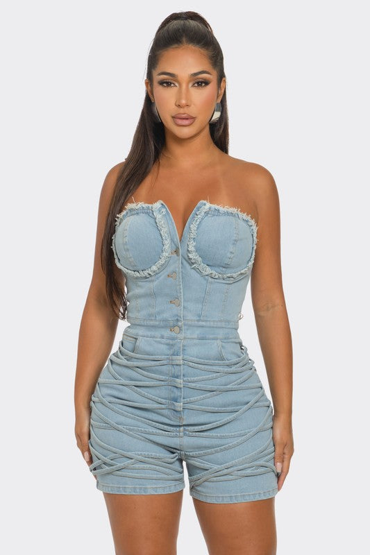 Frayed Edge Denim Corset Romper-Teresa&#39;s Fashionista LLC