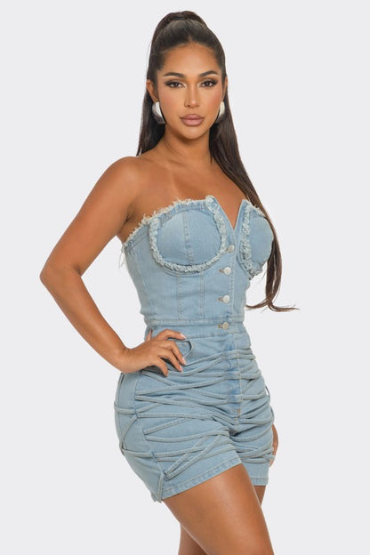 Frayed Edge Denim Corset Romper-Teresa&#39;s Fashionista LLC