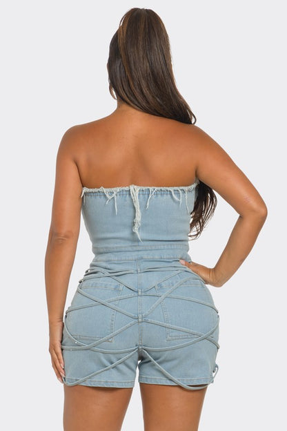 Frayed Edge Denim Corset Romper-Teresa&#39;s Fashionista LLC