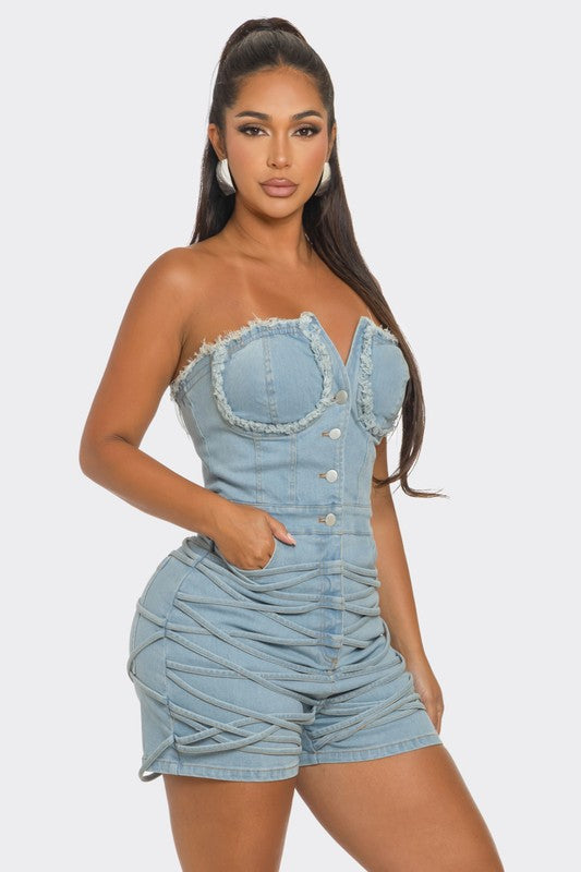 Frayed Edge Denim Corset Romper-Teresa&#39;s Fashionista LLC