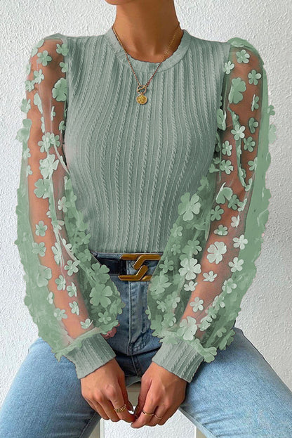 Textured Applique Long Sleeve Blouse-Teresa&#39;s Fashionista LLC