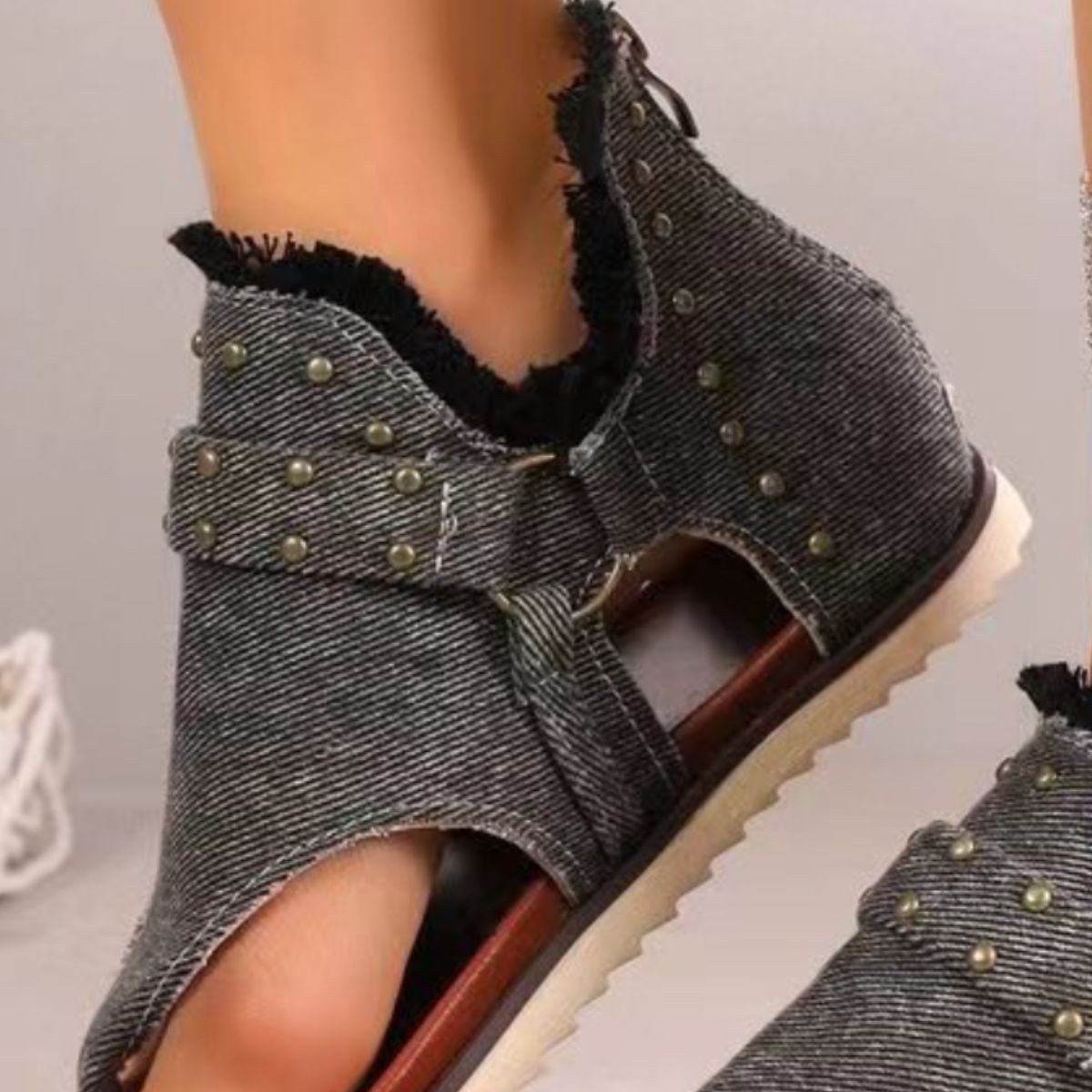 Studded Raw Hem Flat Sandals-Teresa&#39;s Fashionista LLC