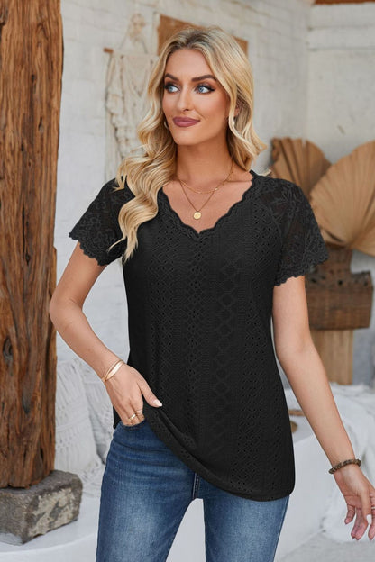 Eyelet V-Neck Lace Short Sleeve T-Shirt-Teresa&#39;s Fashionista LLC