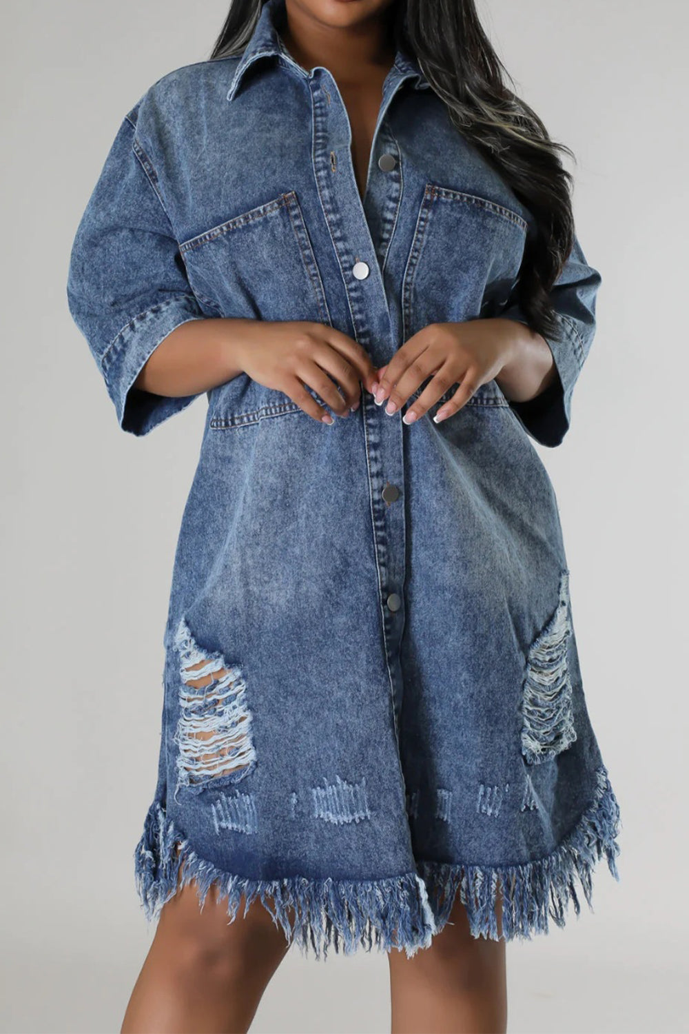 Distressed Raw Hem Button Up Denim Dress-Teresa&#39;s Fashionista LLC