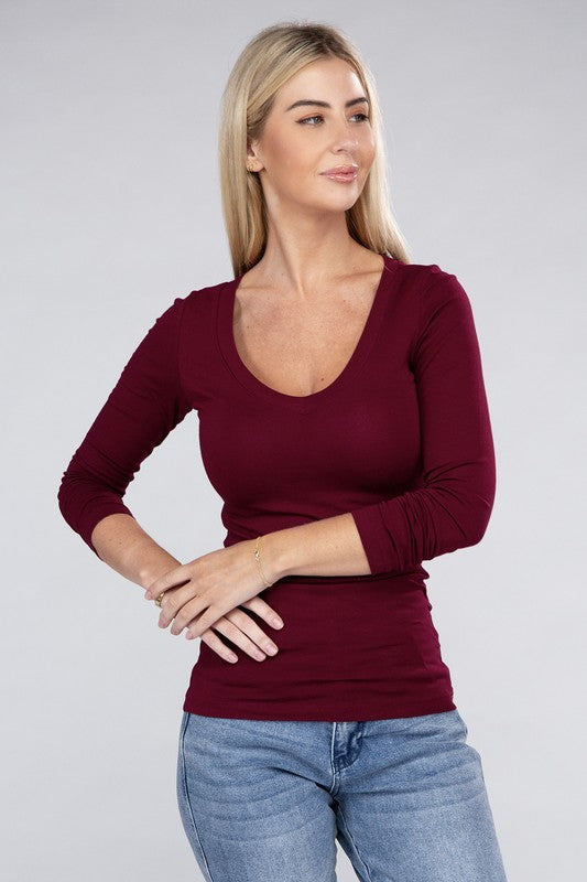 Essential V-Neck Long Sleeve T-Shirt-Teresa&#39;s Fashionista LLC