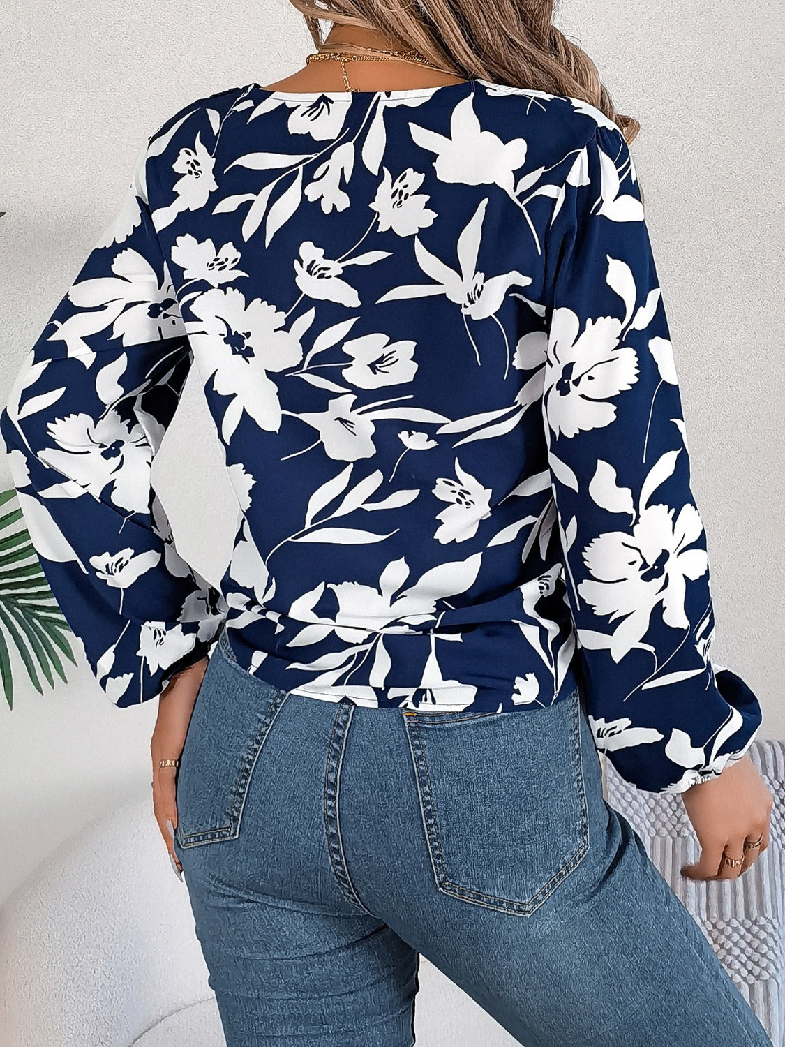 Printed V-Neck Long Sleeve Blouse-Teresa&#39;s Fashionista LLC