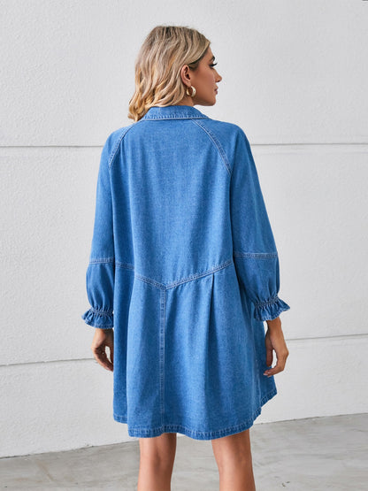 Button Up Flounce Sleeve Mini Denim Dress-Teresa&#39;s Fashionista LLC