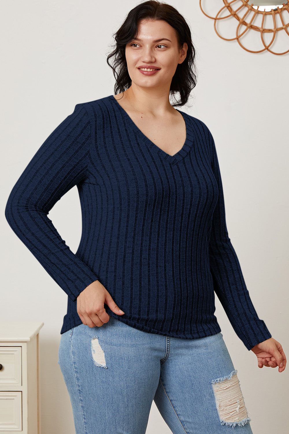 Basic Bae Full Size Ribbed V-Neck Long Sleeve T-Shirt-Teresa&#39;s Fashionista LLC