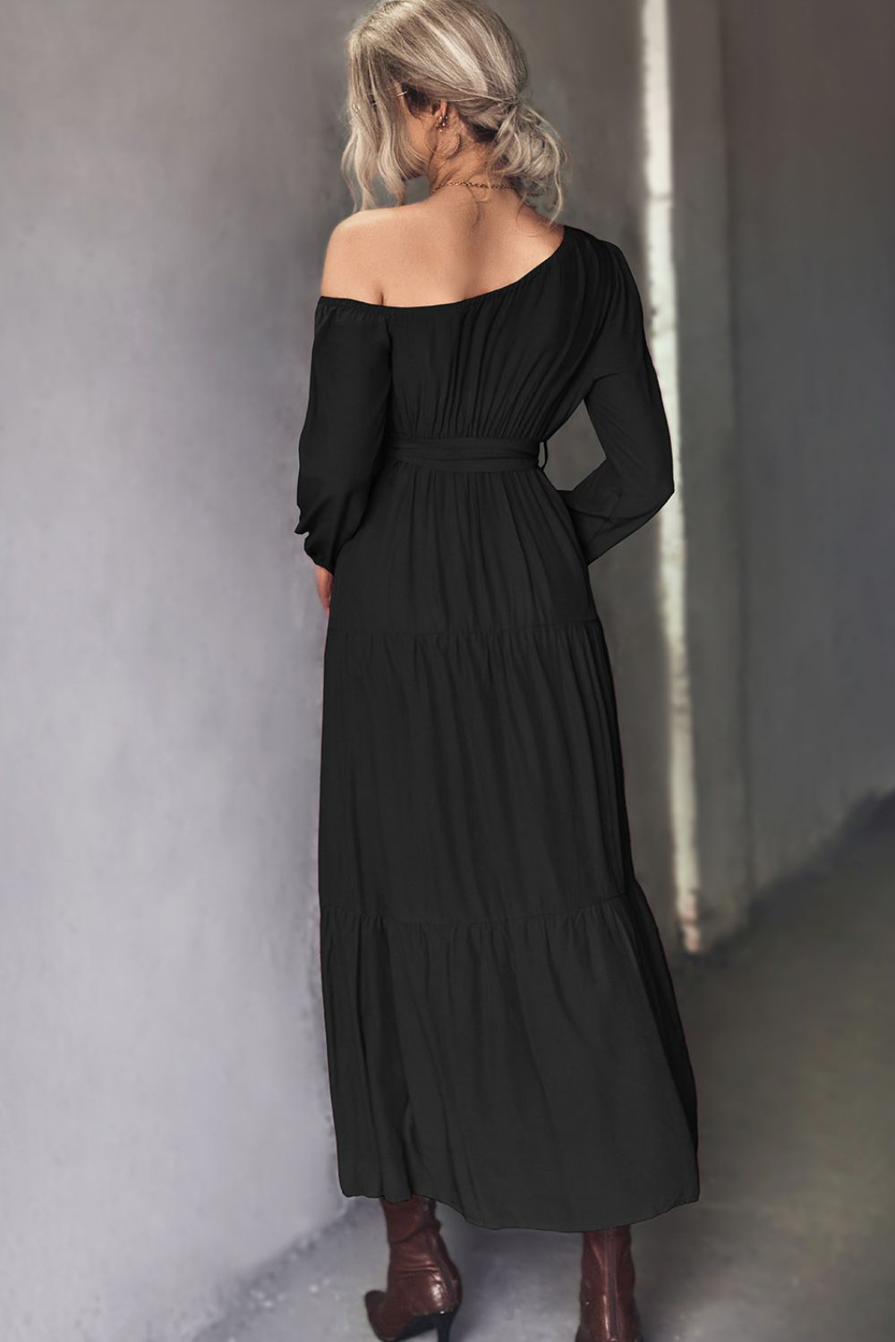 Belted One-Shoulder Tiered Maxi Dress-Teresa&#39;s Fashionista LLC