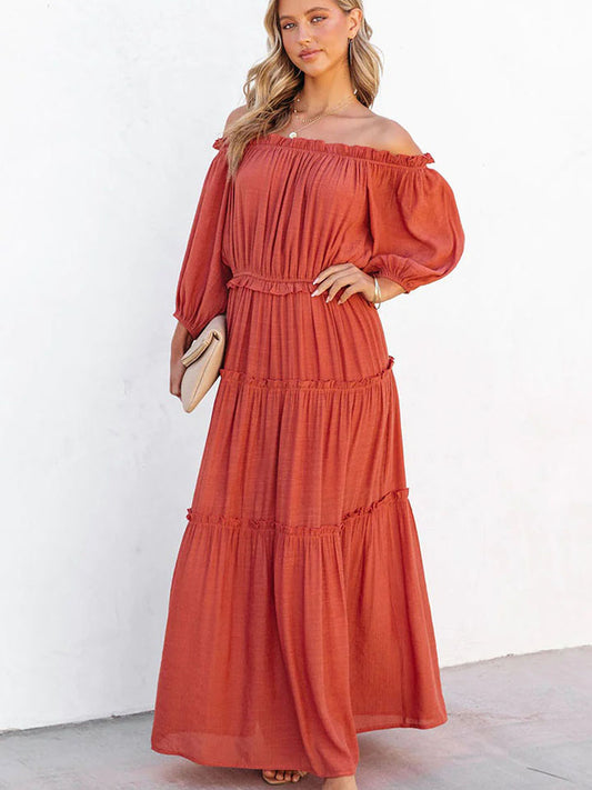 Ruffle Trim Off Shoulder Long Sleeve Maxi Dress-Teresa&#39;s Fashionista LLC