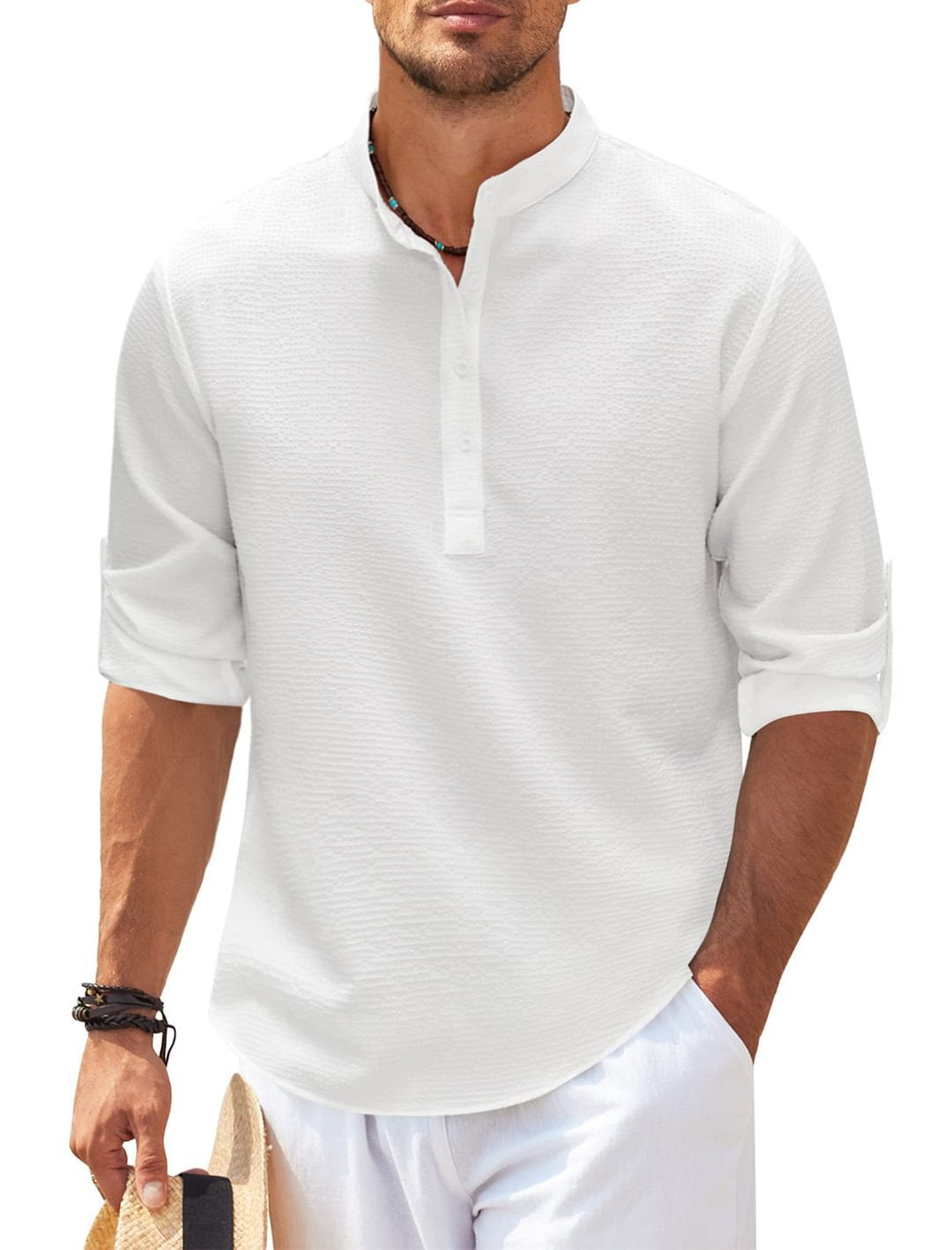 Men's Casual Shirt Long Sleeve Stand Collar Solid Color Shirt Mens Clothing-Teresa&#39;s Fashionista LLC