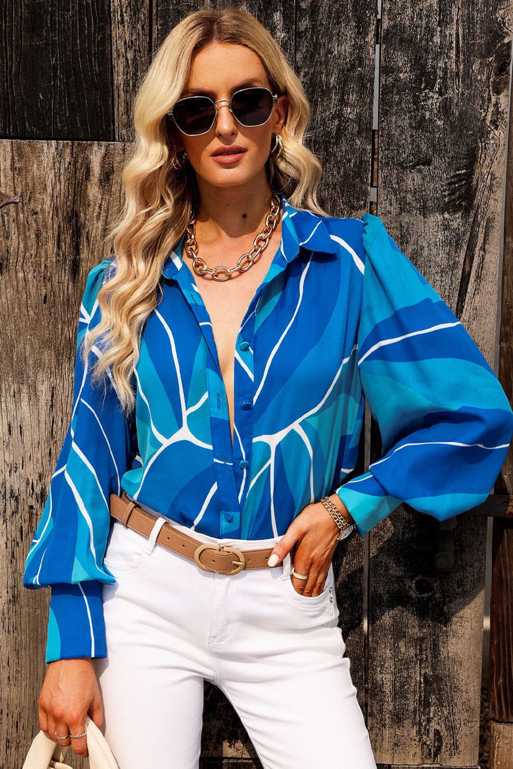 Printed Bishop Sleeve Collared Shirt-Teresa&#39;s Fashionista LLC