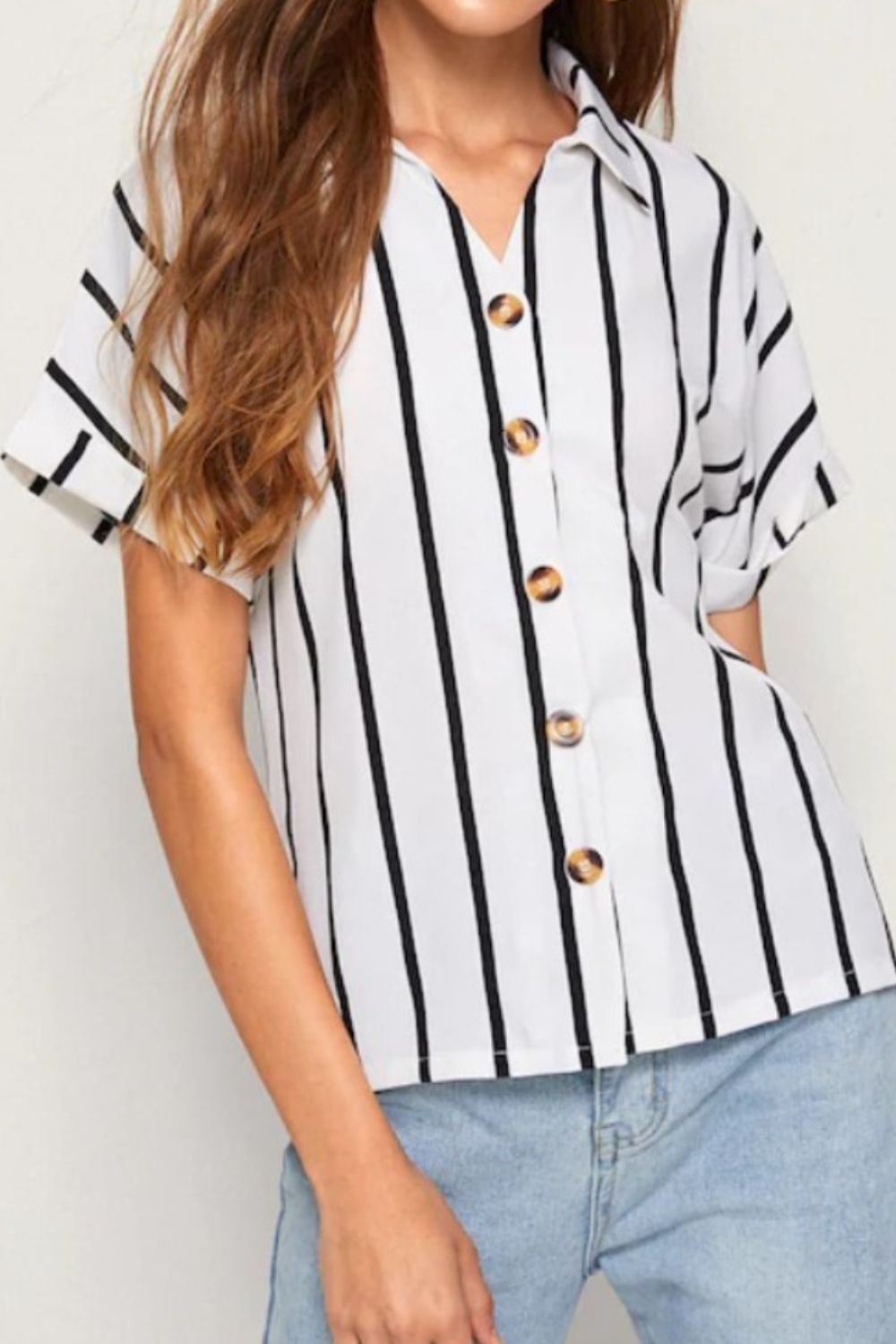 Striped Button Up Short Sleeve Shirt-Teresa&#39;s Fashionista LLC