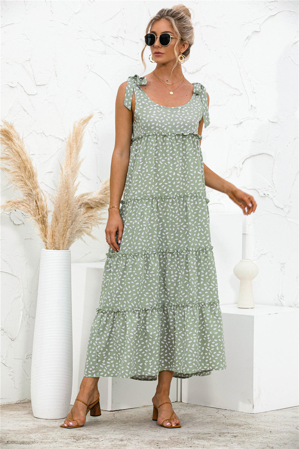 Polka Dot Adjustable Straps Tiered Dress-Teresa&#39;s Fashionista LLC