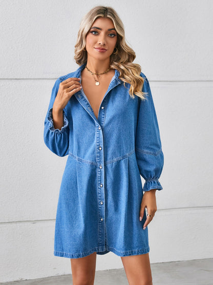 Button Up Flounce Sleeve Mini Denim Dress-Teresa&#39;s Fashionista LLC