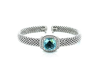 Popcorn Texture Cuff Bangle with Blue Topaz and Diamonds in Sterling Silver-Teresa&#39;s Fashionista LLC