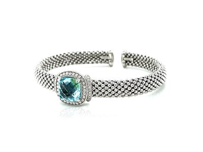 Popcorn Texture Cuff Bangle with Blue Topaz and Diamonds in Sterling Silver-Teresa&#39;s Fashionista LLC