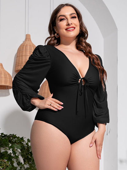 Plus Size Tied Deep V Balloon Sleeve One-Piece Swimsuit-Teresa&#39;s Fashionista LLC