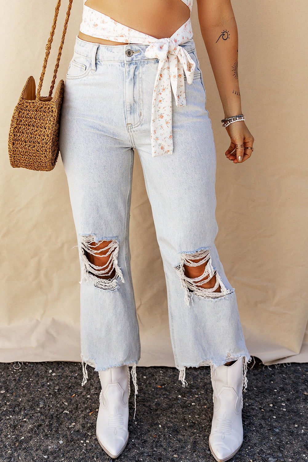 Distressed Raw Hem Jeans with Pockets-Teresa&#39;s Fashionista LLC