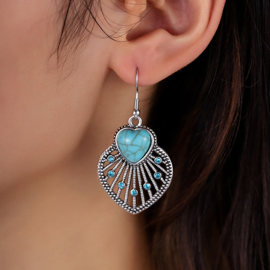 Artificial Turquoise Rhinestone Heart and Leaf Shape Earrings-Teresa&#39;s Fashionista LLC