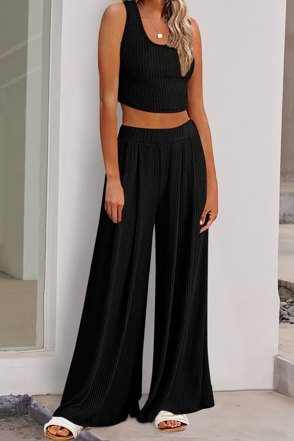 Scoop Neck Top and Wide Leg Pants Set-Teresa&#39;s Fashionista LLC