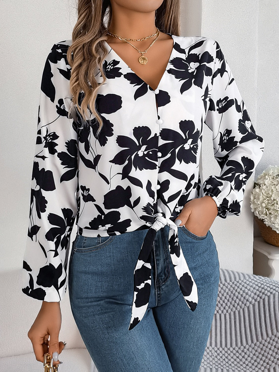 Printed V-Neck Long Sleeve Blouse-Teresa&#39;s Fashionista LLC