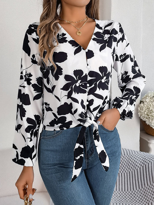 Printed V-Neck Long Sleeve Blouse-Teresa&#39;s Fashionista LLC