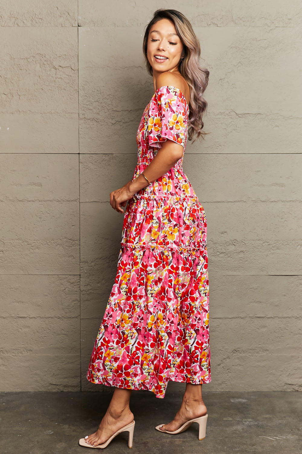 Floral Off-Shoulder Frill Trim Maxi Dress-Teresa&#39;s Fashionista LLC