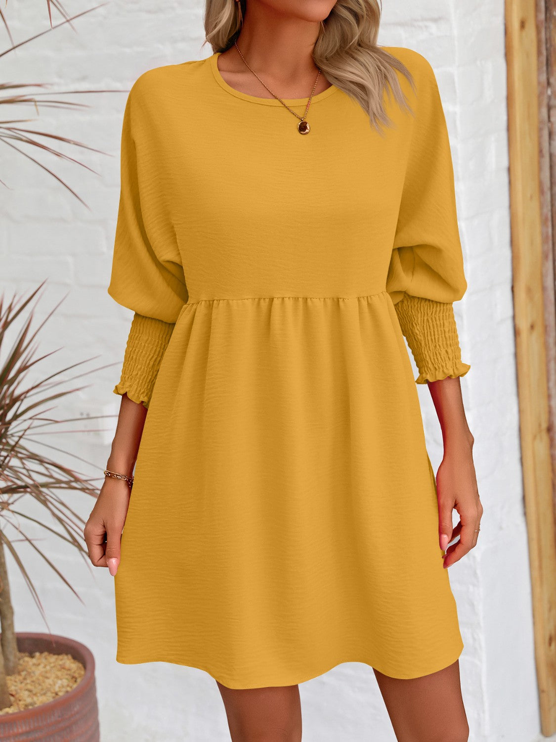 Round Neck Lantern Sleeve Mini Dress-Teresa&#39;s Fashionista LLC