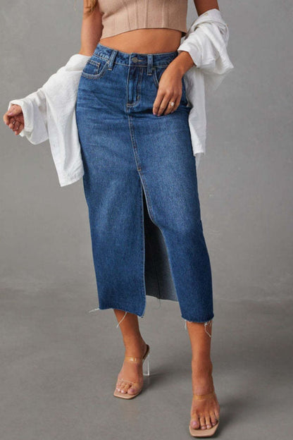 Slit Raw Hem Midi Denim Skirt-Teresa&#39;s Fashionista LLC